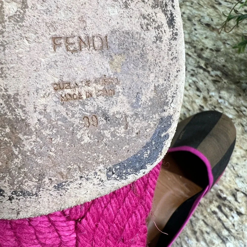 Fendi Pequin Striped Canvas Espadrille Flat, Pink Black Brown 39